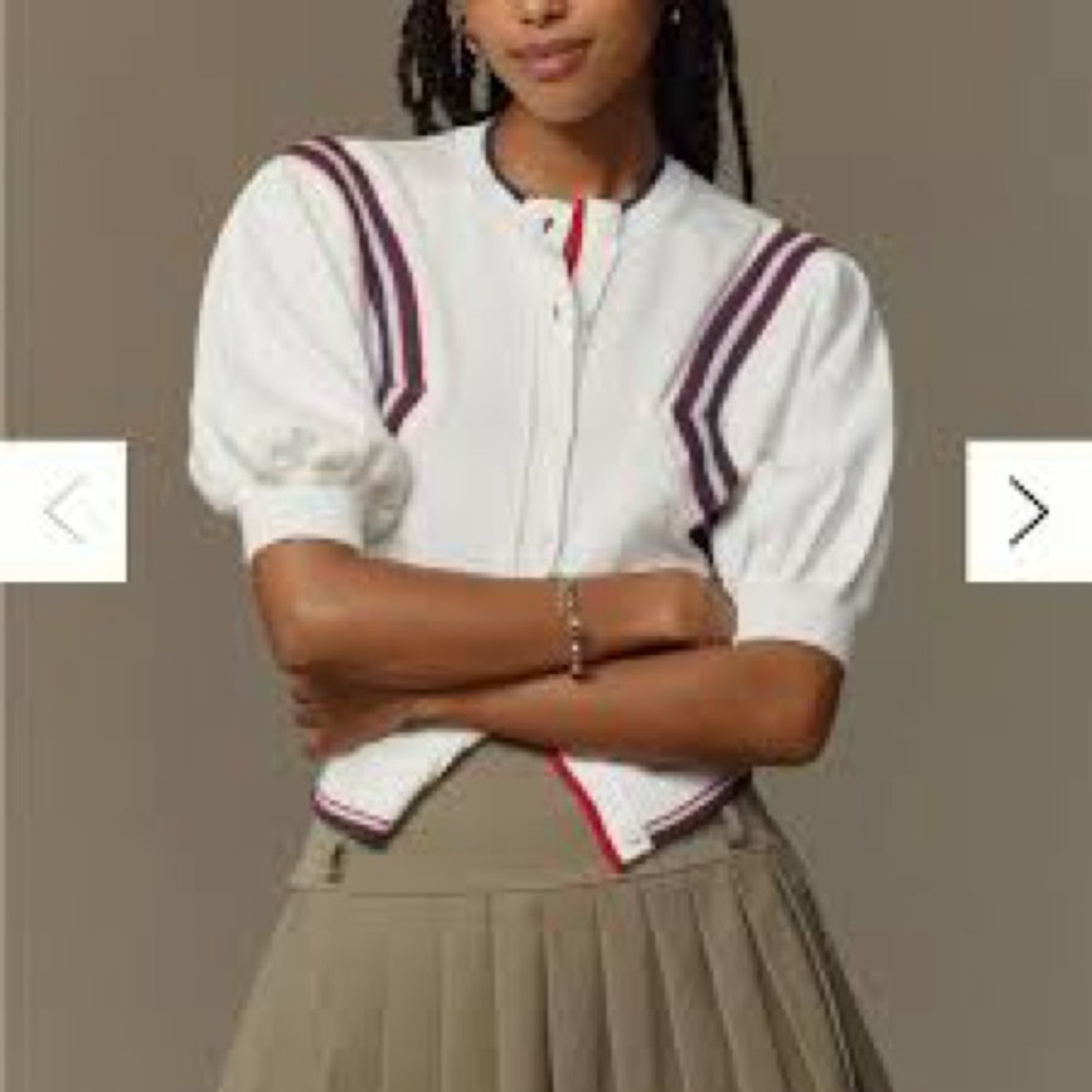 Anthropologie Maeve Puff-Sleeve Inset-Graphic Cardigan Sweater, Sz MP, NWT
